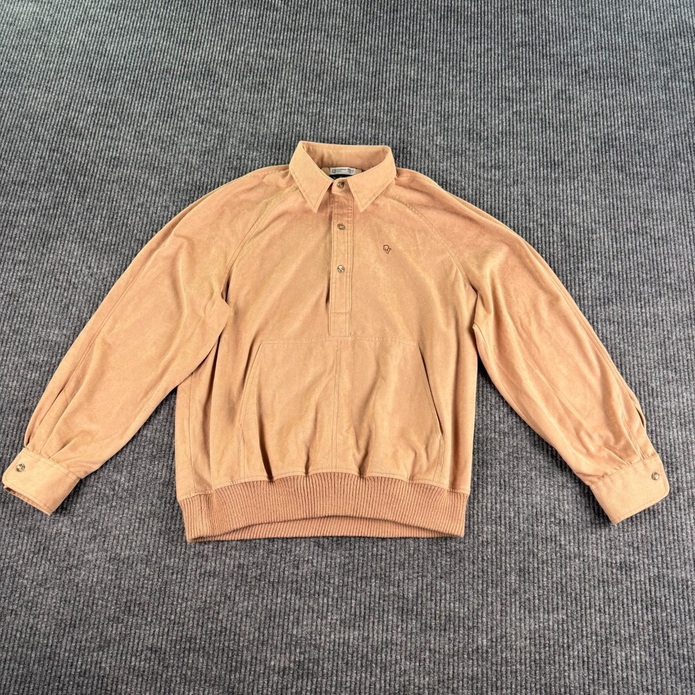 Vintage Christian Dior Velour Pullover Mens S M Tan Collared Half Button Pocket